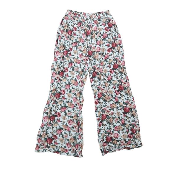 Vintage 90s Cream and Pink Rose Floral Flowy Wide Leg Pants M - Picture 3 of 4